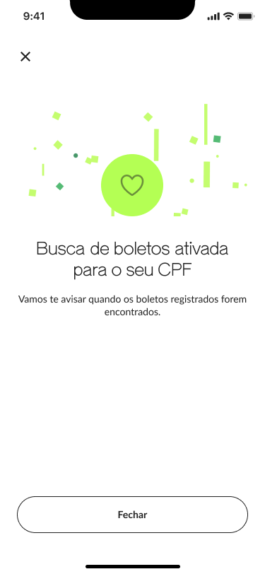 Tela do app confirmando que a busca de boletos foi ativada para o CPF do casal