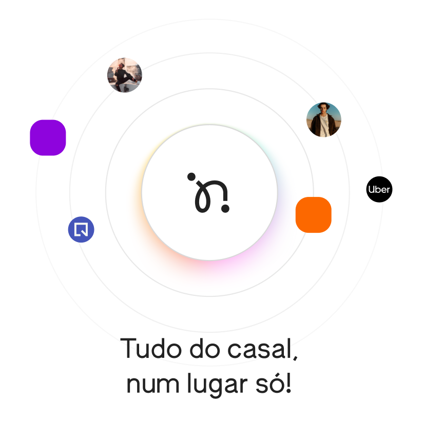 Ilustração da órbita: o símbolo da Noh no centro, com os bancos e o casal em volta