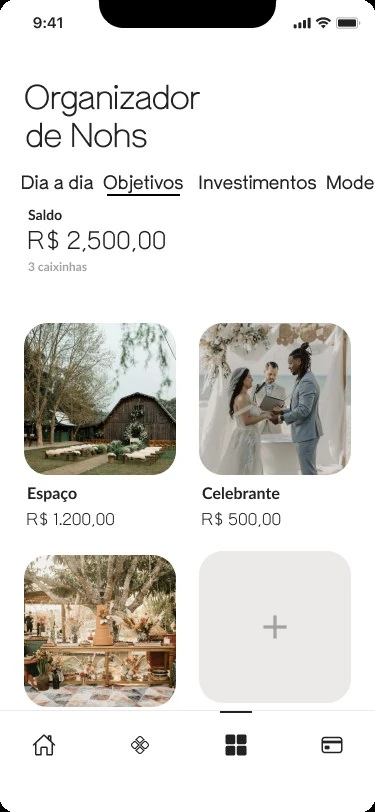 Tela de caixinhas do app com espaço, celebrante e decoração